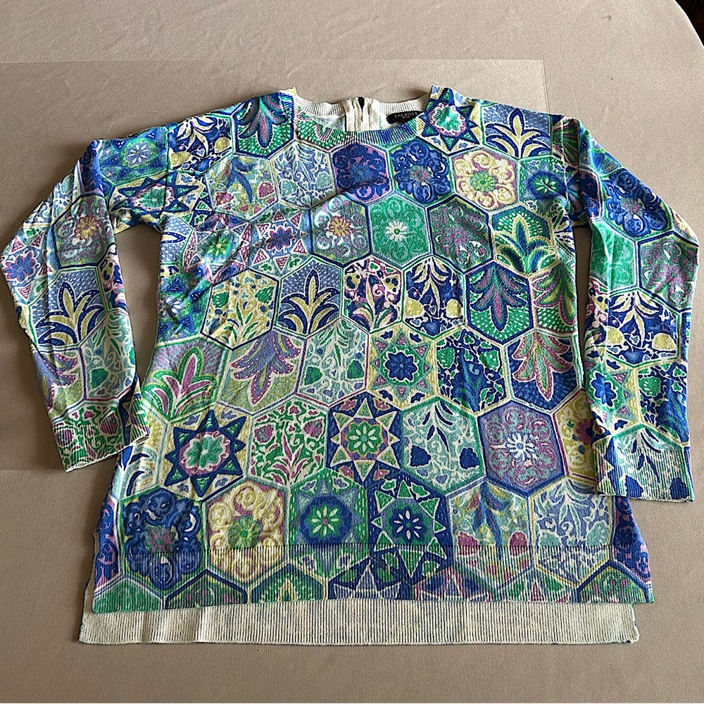 Talbots Petite Soft Tile Print Crew Neck Sweater Zip Back
